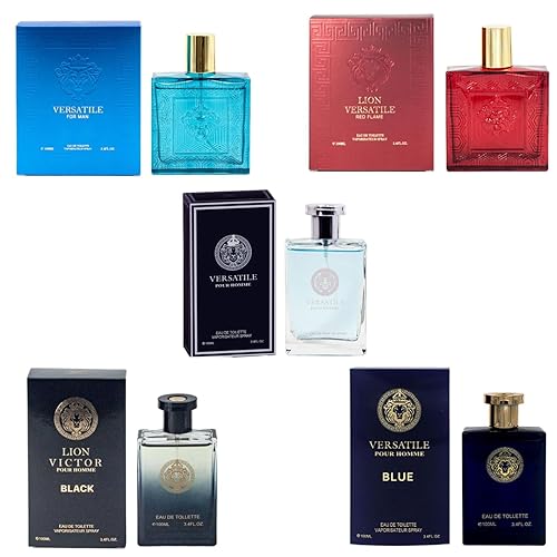 Lion - Colonia versátil para hombres (3.4 onzas líquidas x 5 unidades), impresión de Eros, llama roja, azul Dylan, Pour Homme y Oud Noir, Edt,