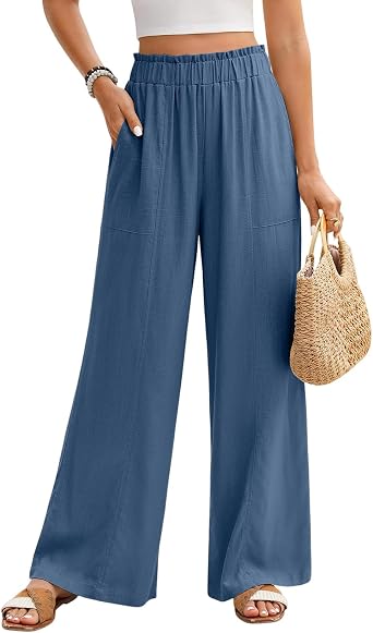 Linen Pants Women Petite Elastic High Waist Wide Leg Pants Pleated Vacation Holiday Trouser with Pockets