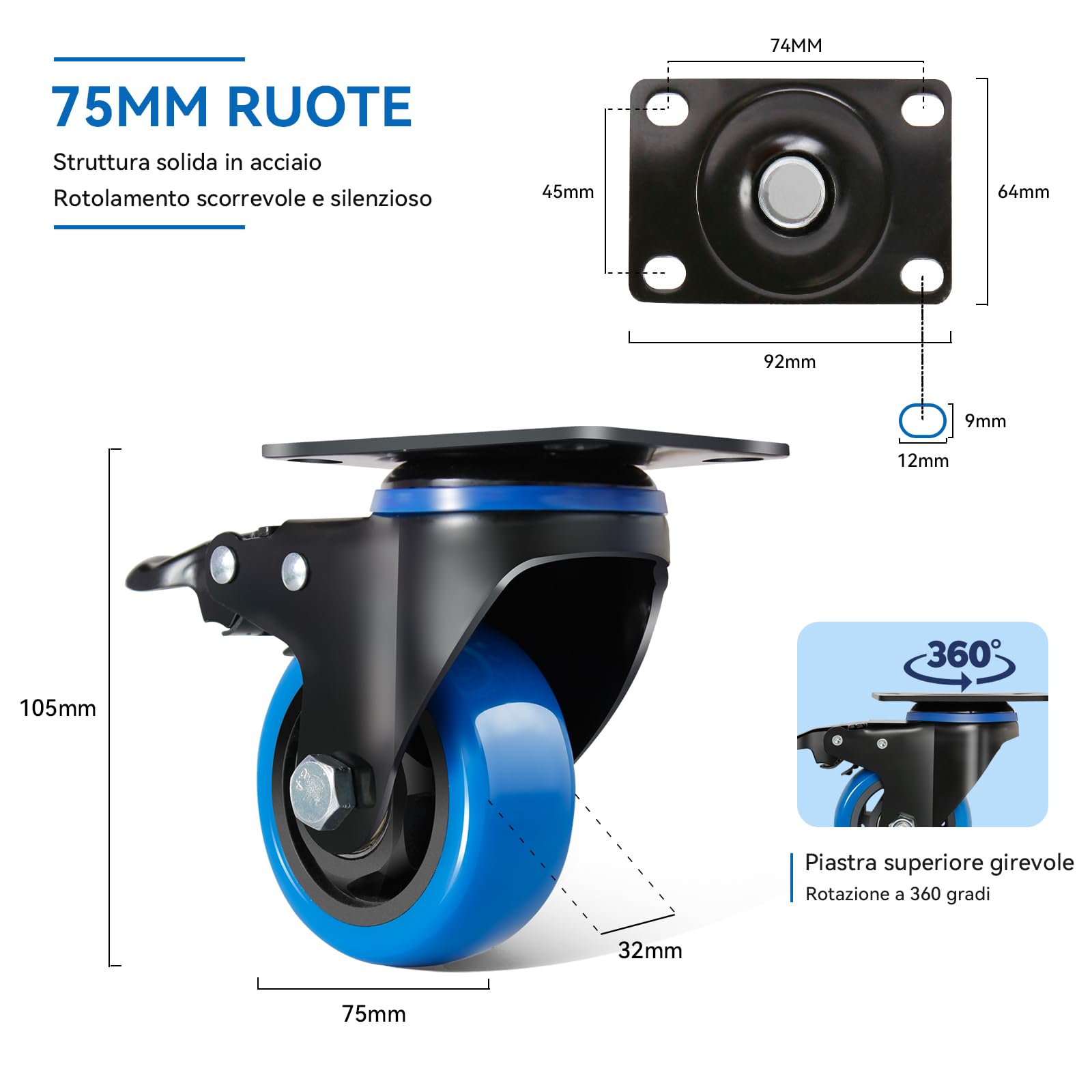 Ruote Girevoli per Carrello 75mm Blu con Freno e Bulloni - Set di 4 Ruote per Mobili Ruote per Carichi Pesanti Fino a 500KG - per Uso Interno ed Esterno - Con Rotazione a 360°