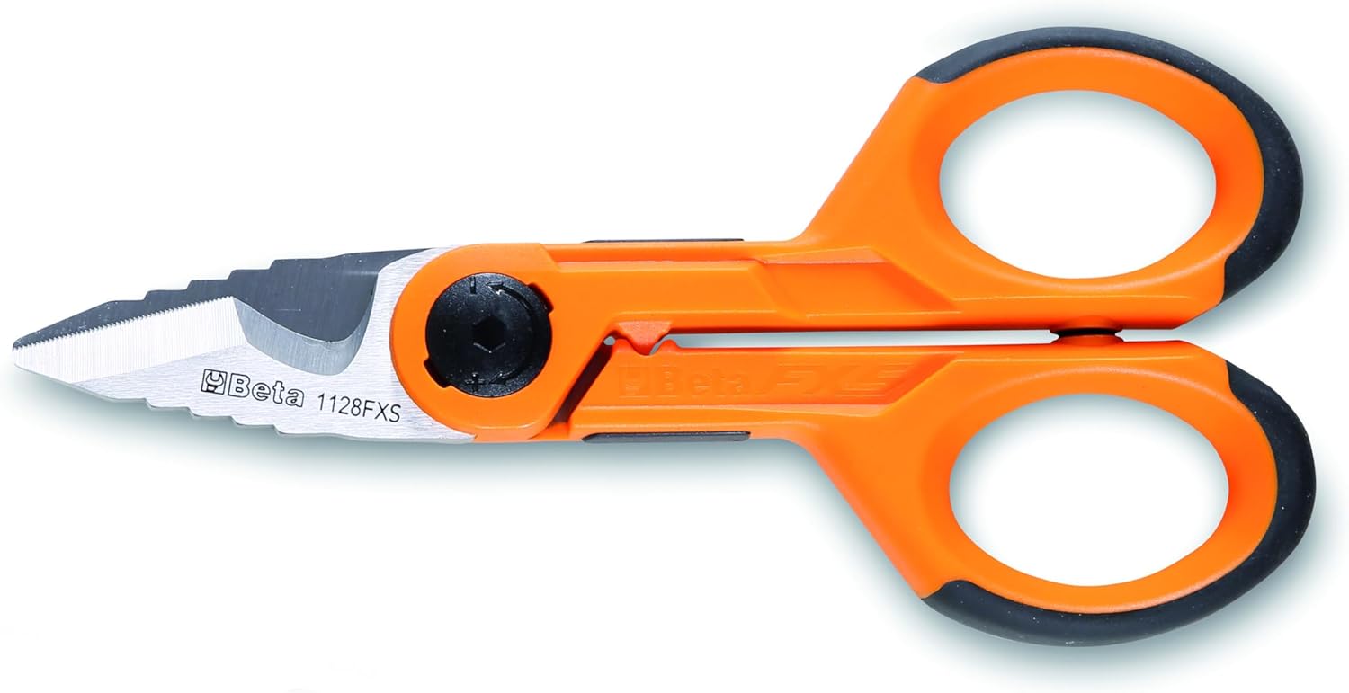 Beta 1128FXS Electrician's Scissors, Graduated Milling Profiles, Micro-teeth, Straight Stainless Steel Blades, Cable Cutting Groove and Crimping Pliers for Tube Terminals