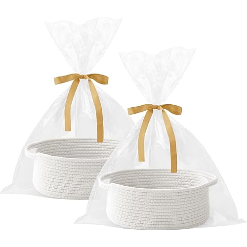 2 Pack Gift Basket with Gift Bag and Ribbons,Small Rope Woven Shelf Storage,Baskets for Gifts Empty,Birthday,Baby Shower,Decorative Organizer Box with Handles(White)