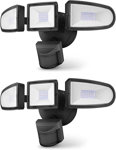 Paquete de 2 luces LED de seguridad con sensor de movimiento, luz de inundación al aire libre, 5700 K, IP65 impermeable, 3 cabezales ajustables,