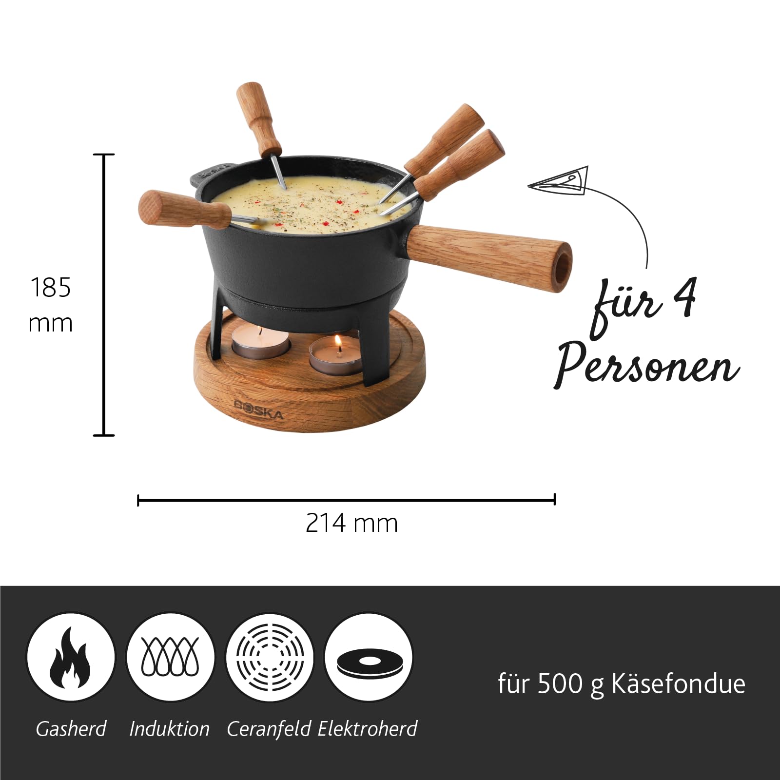BOSKA Fondue Set Pro S - 2 bis 4 Personen - Käsefondue Teelichter mit Stil - 700 ml Inhalt für 350 gr Geschmolzenen Käse [Ink. Fonduegabeln] [Stabile, Eichenholz und Edelstahl]