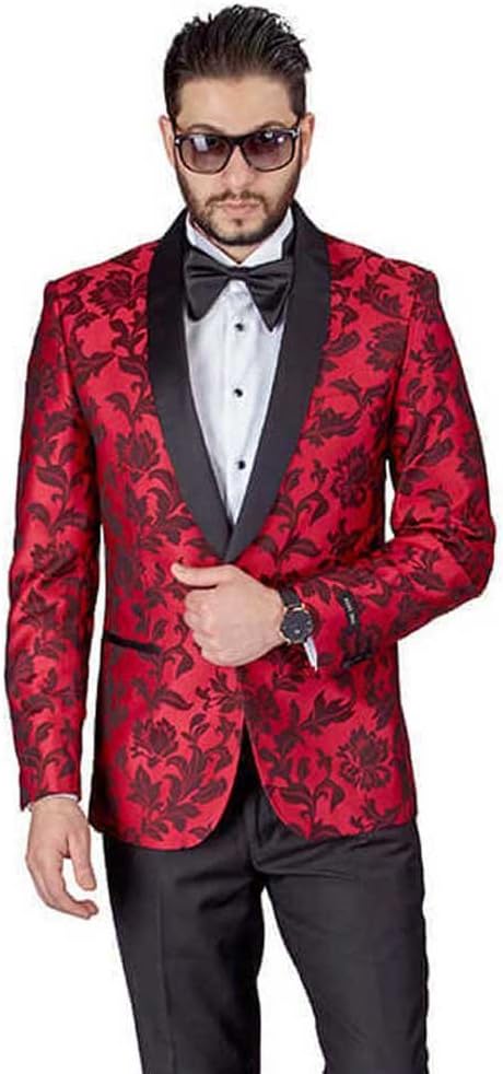 AZAR MAN Slim Fit 1 Button Shawl Lapel Black Satin Collar Floral Tuxedo Dinner Jacket Blazer