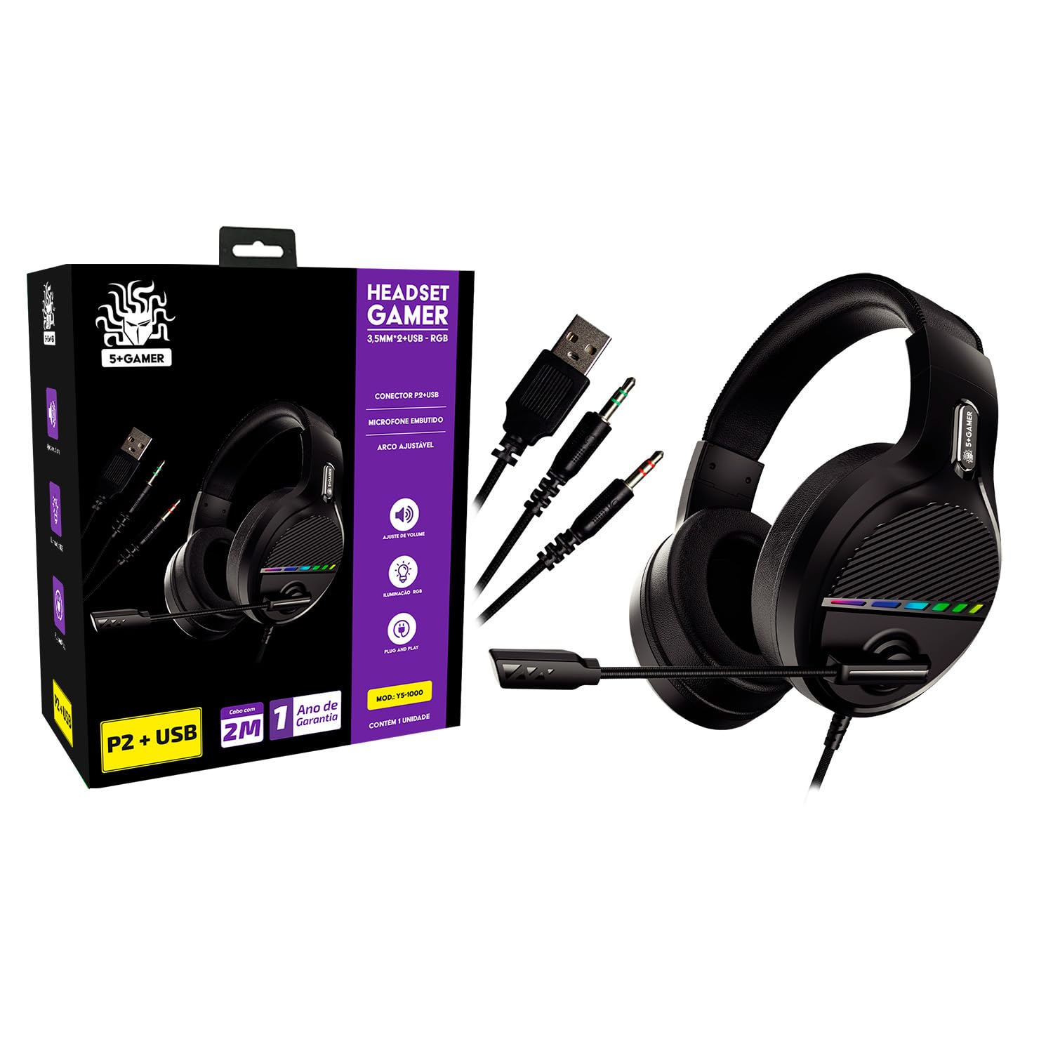 5+ Headset Fone Gamer 2.1 Led RGB 5+ Gamer P2+USB Y5-1000
