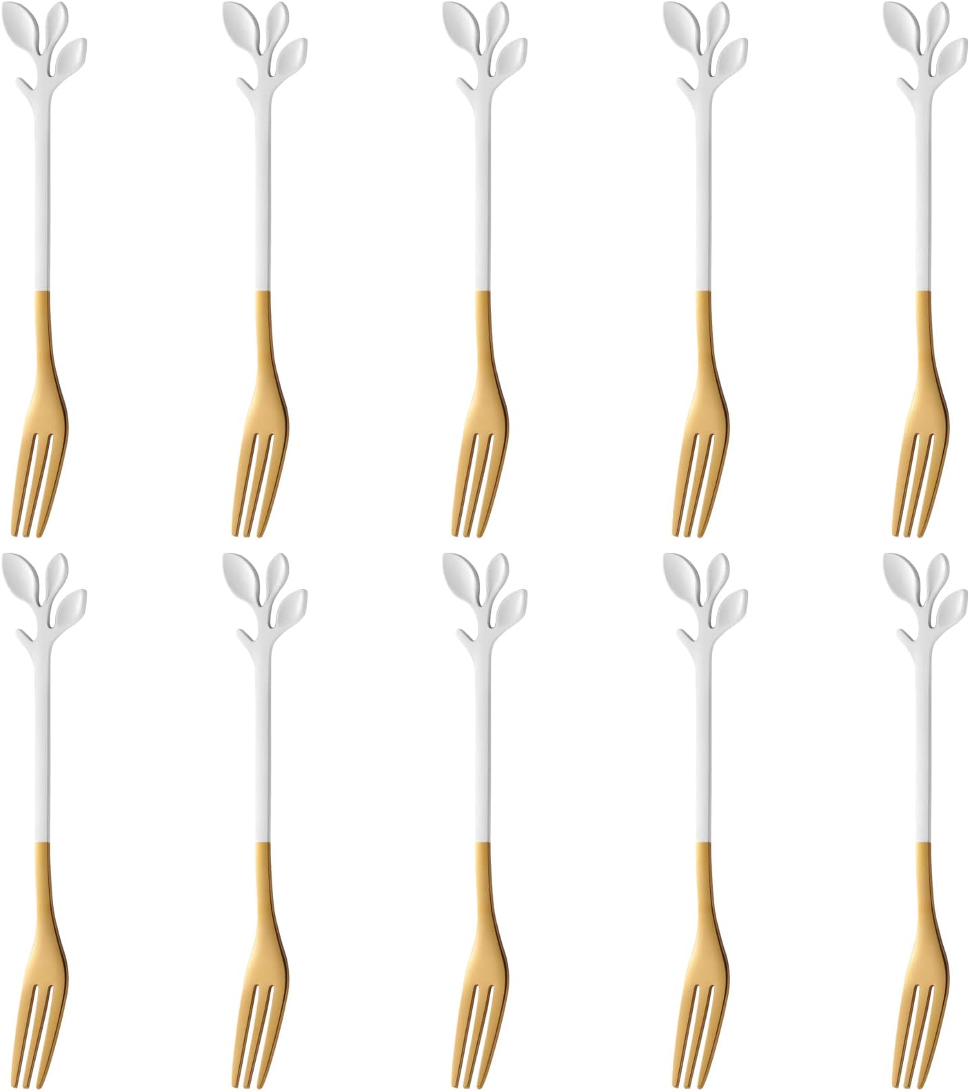10-Pieces 4.7-inch Small Appetizer Forks With Leaf Handle (White & Gold)