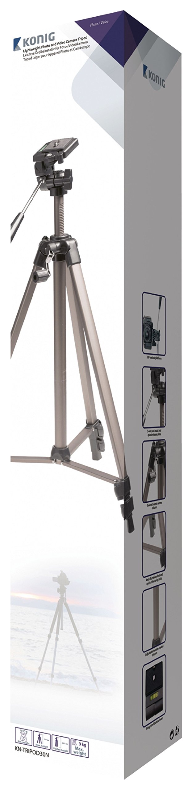 König Treppiede Per Fotocamera KN-TRIPOD19N - Alluminio, Altezza Regolabile 35-105 Cm, Peso Max 1.5kg, Nero E Argento - 4