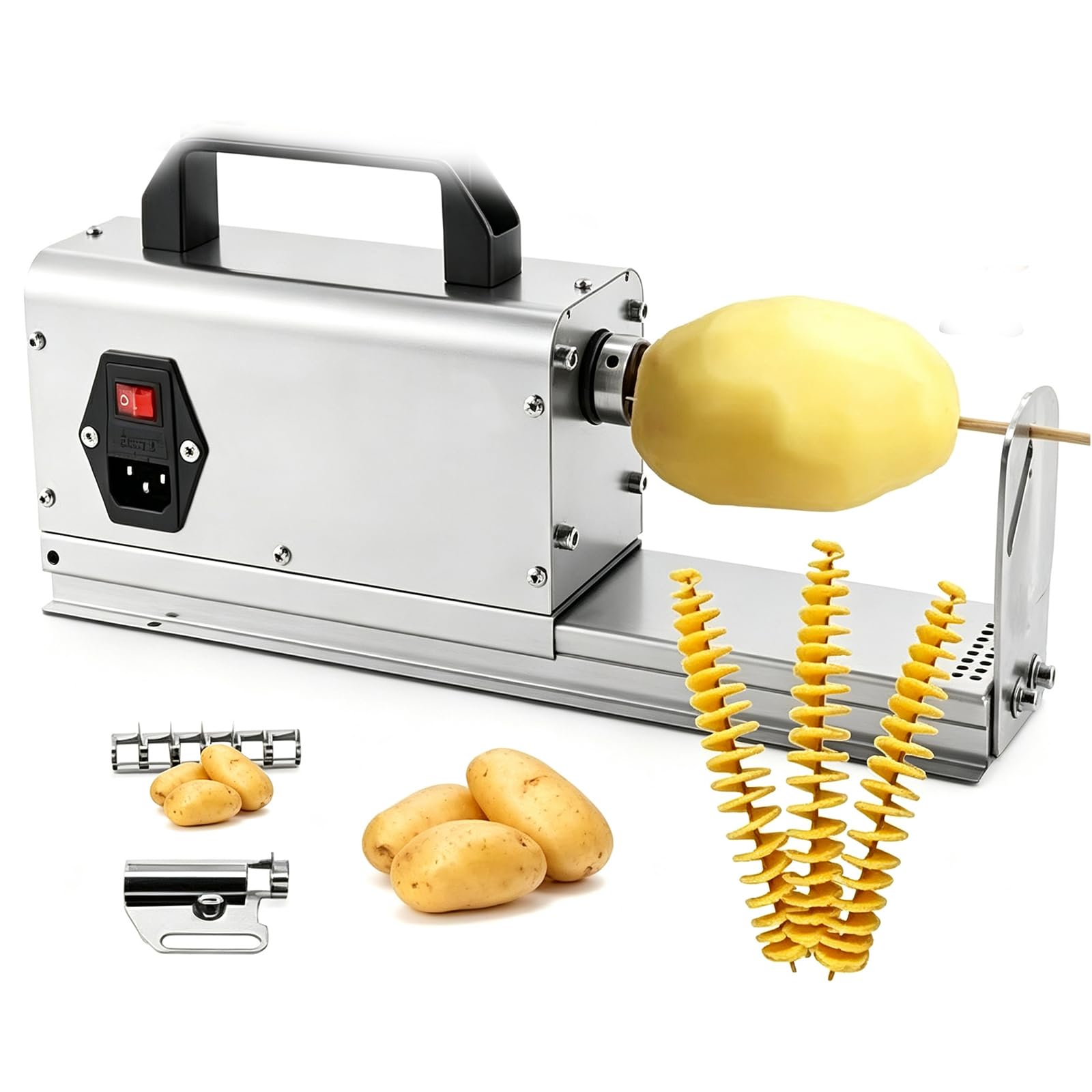 Elektryczna Maszyna do Skręcania Ziemniaków, Komercyjna Spiralna Krajalnica | Wymienne ostrza do Tornado Potato, kręconych frytek i Twist Hot Dog, cała konstrukcja ze stali nierdzewnej, odporna na rdzę