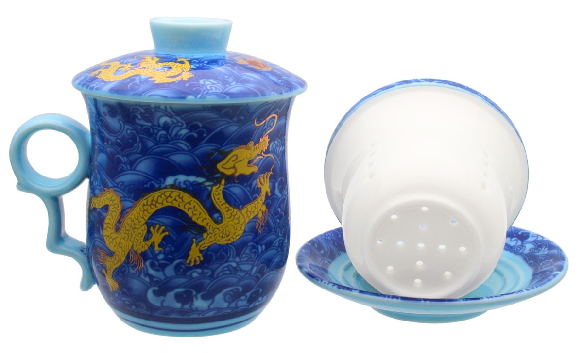 Tasse à Thé Porcelaine Jingdezhen 350 Ml Avec Couvercle, Infuseur Et Soucoupe - Élégante Tasse Chinoise Pour Thé Ou Café