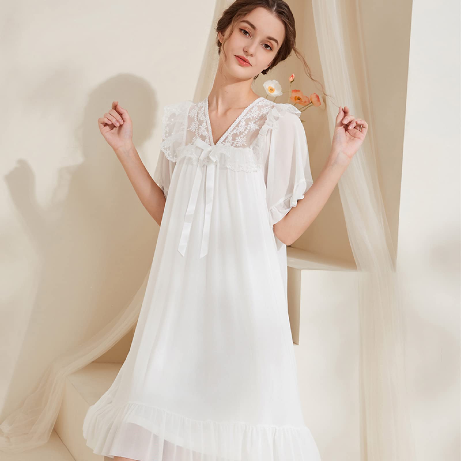 OFFSUM Camisón De Pijama De Mujer - Camisón De Princesa De Color Sólido Camisón De Verano con Lazo De Malla De Encaje Camisón De Dos Pisos Elegante Bordado Ropa De Casa Lencería