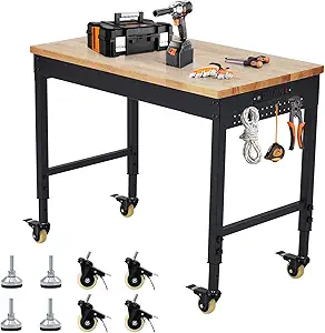 Work Bench 48" Adjustable Height, Heavy-Duty Portable Workbench with Power Outlets for Garage & Workshop, 2000 LBS Load Capacity, Work Table for Office, Home, Easy Assembly