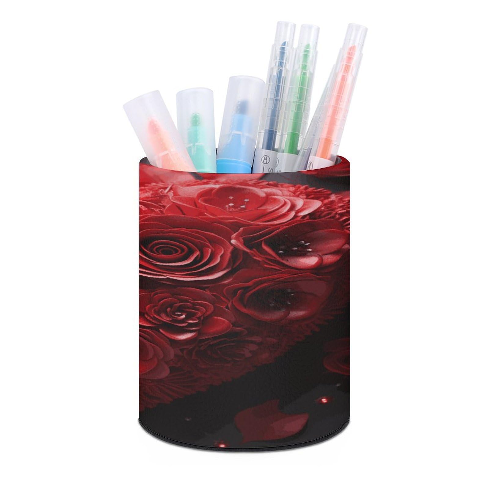FekiLoot - Red Rose Heart Design Desk Pencil Holder and Red Rose Customizable Office Accessories Round Pen Container Box Organizer