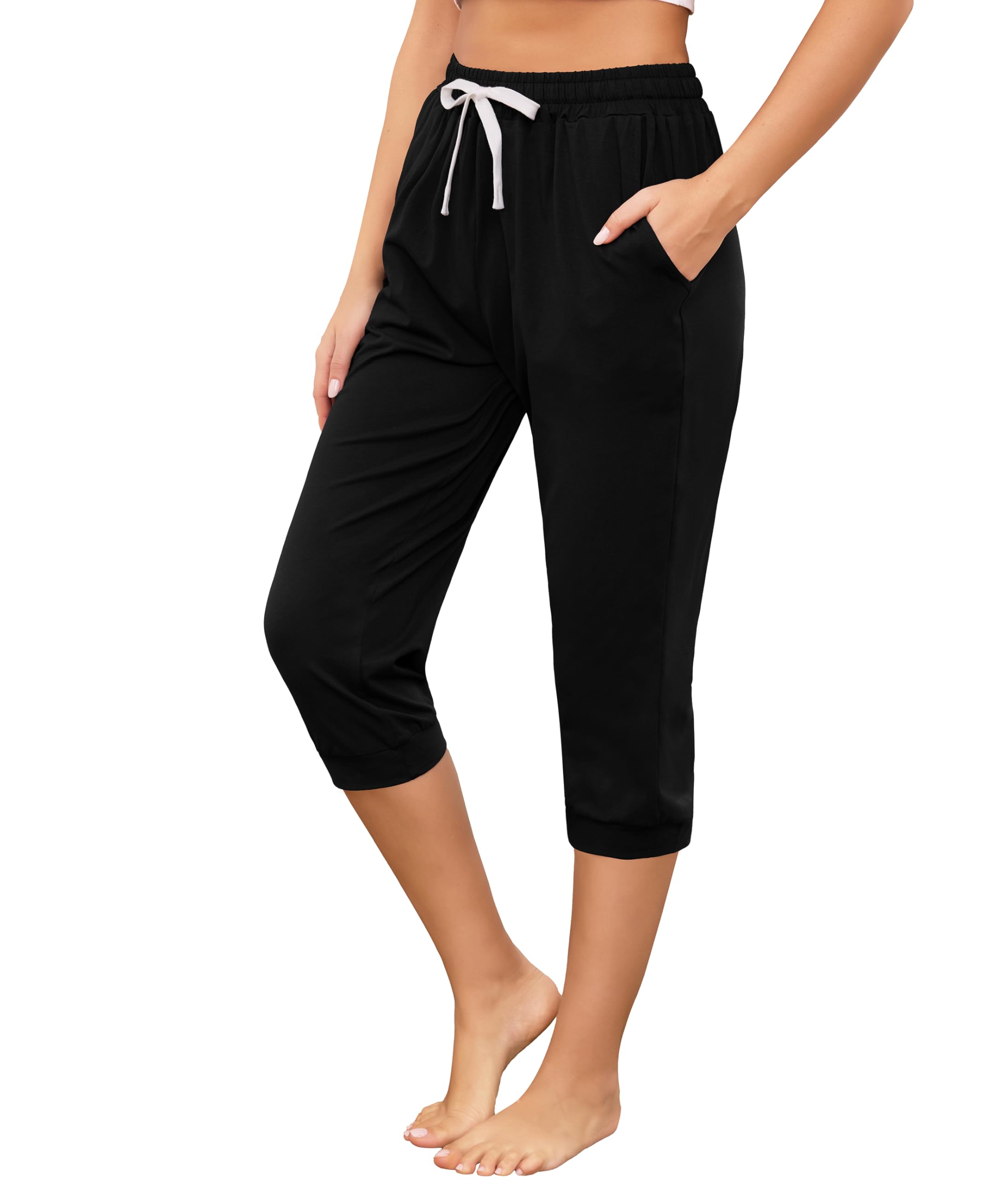 Vlazom Pantalone Pigiama Donna 7/8 Cotone Elastico con Cordino Bianco Regolabile e Tasche