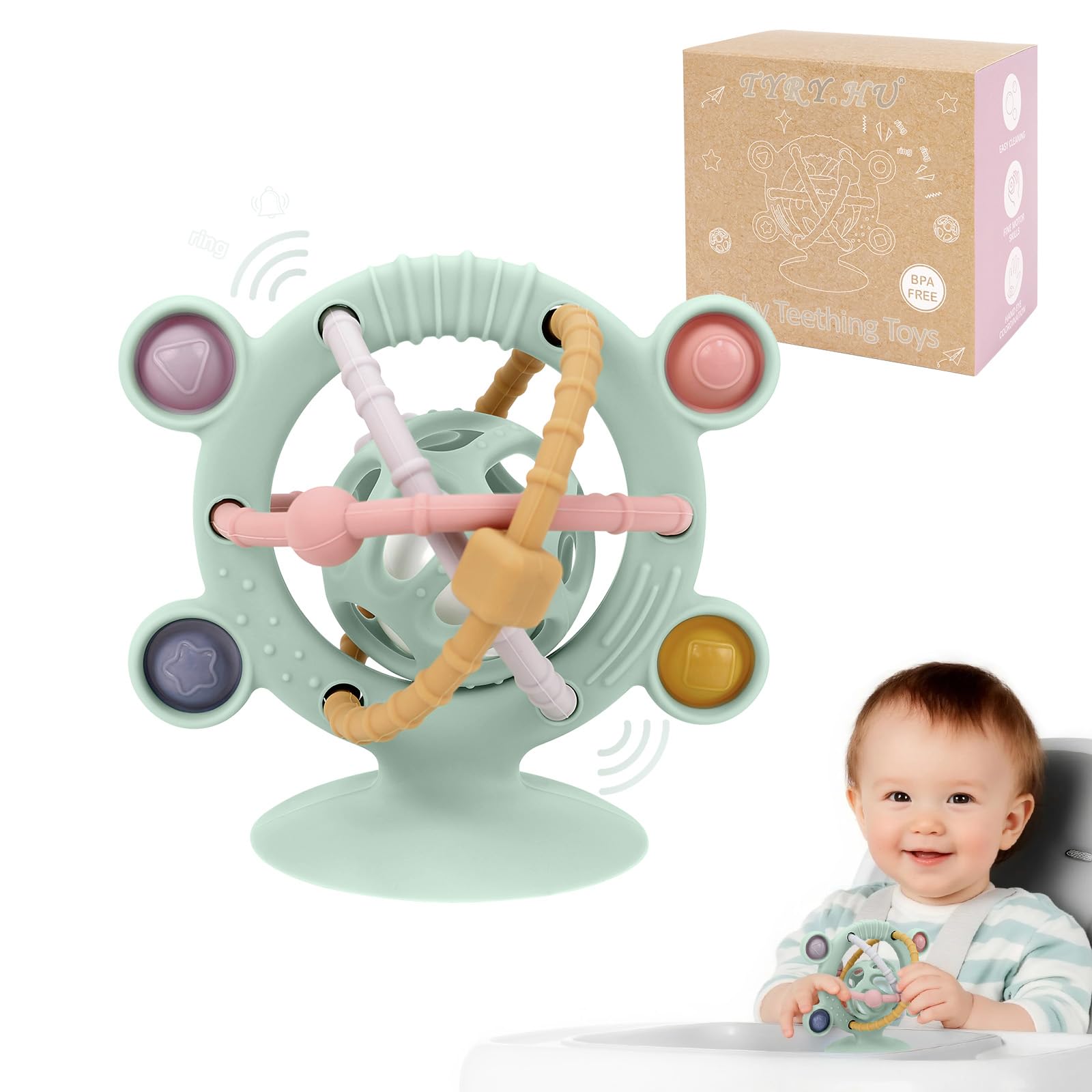 Photo 1 of TYRY.HU Silicone Baby Teething Toys for Babies 0-6 6-12 Months, Multi Purpose High Chair Toys, Baby Suction Table Toys, Teething Relief Chew Toy, Sensory Rattle Toy with Textures for Infants, Green