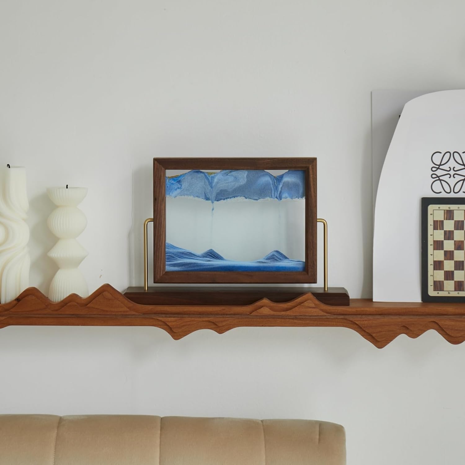 Solid Wood Oasis Mini Art Liquid Motion 360-Degree Rotation, Made of Black Walnut and H62 Brass, 3D Highly Transparent Office Decor (Ocean)