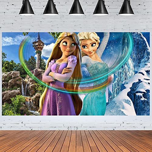 Rapunzel Suministros de fiesta, telón de fondo Rapunzel, bandera Elsa y Tangeld, adecuado para niños y niñas Rapunzel, decoración de fiesta de cumpleaños congelada Cover