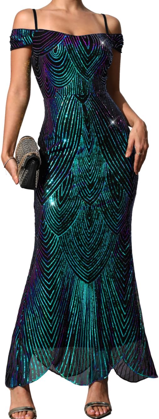 Kaei&Shi Sequin Prom Dress,Sparkly Off Shoulder Long Formal Dresses,Evening Gowns for Women Elegant Classy