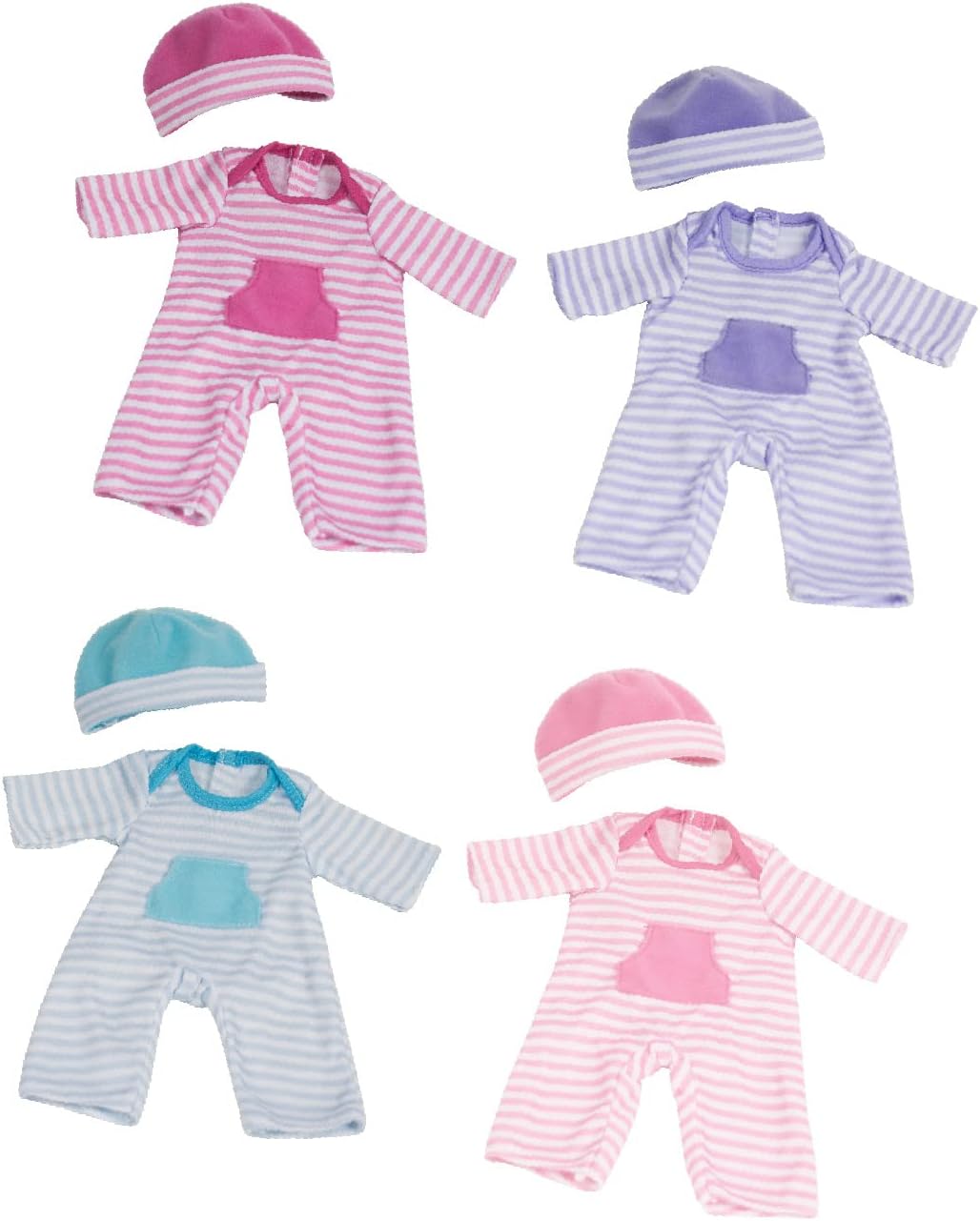 JC Toys | 4 Assorted Baby Doll Rompers and Hats | Pink + Blue + Light Pink + Purple | | Ages 2+ | Fits Dolls 10"- 12"