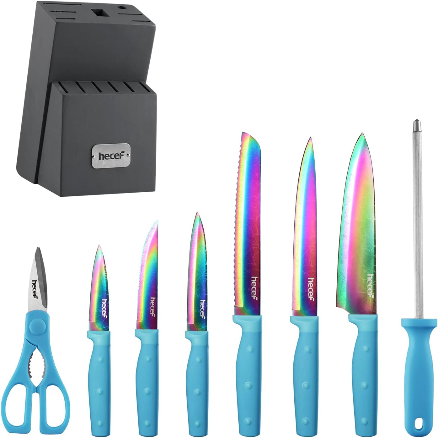 hecef 14 Pieces Knife Set with Block, Rainbow Titanium Knives Set with