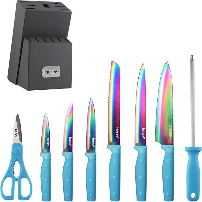 hecef 14 Pieces Knife Set with Block, Rainbow Titanium Knives Set with