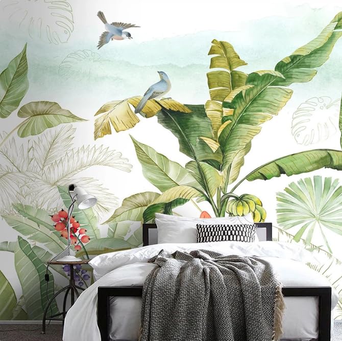 Papier peint panoramique oiseau tropical et feuille de bananier salon chambre 400x280cm