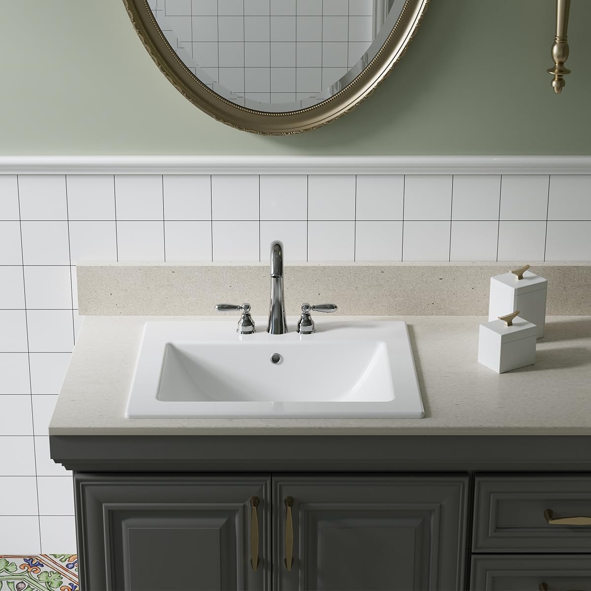 Oaker 550-43 Rectangular 21-5/8" Drop in Bathroom Sink With Overflow, White Ceramic Drop in Lavatory cUPC Certified Cabinet Vanity Sink