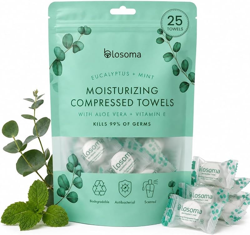 Toalhas comprimidas Blosoma de eucalipto e menta, pacote com 25