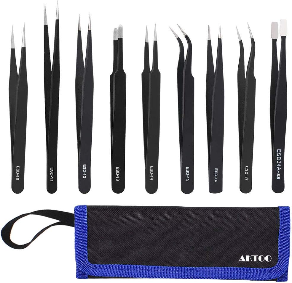 AKTOO ESD Anti-Static Precision Tweezers Tools Kit Non-magnetic Stainless Steel Tweezers Set with Storage Bag by AKTOO for Electronics soldering,Phone Repair,Jewelry,Craft,Laboratory Work,9 Pcs