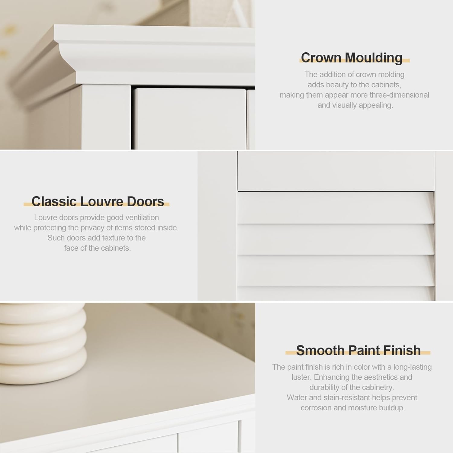 Storage Cabinet 43" with Stable Base, Classic Louvre Doors, Ajustable Shelf for Bathroom, Kitchen, Living Room 11.8"x 23.2" x 43.3", White