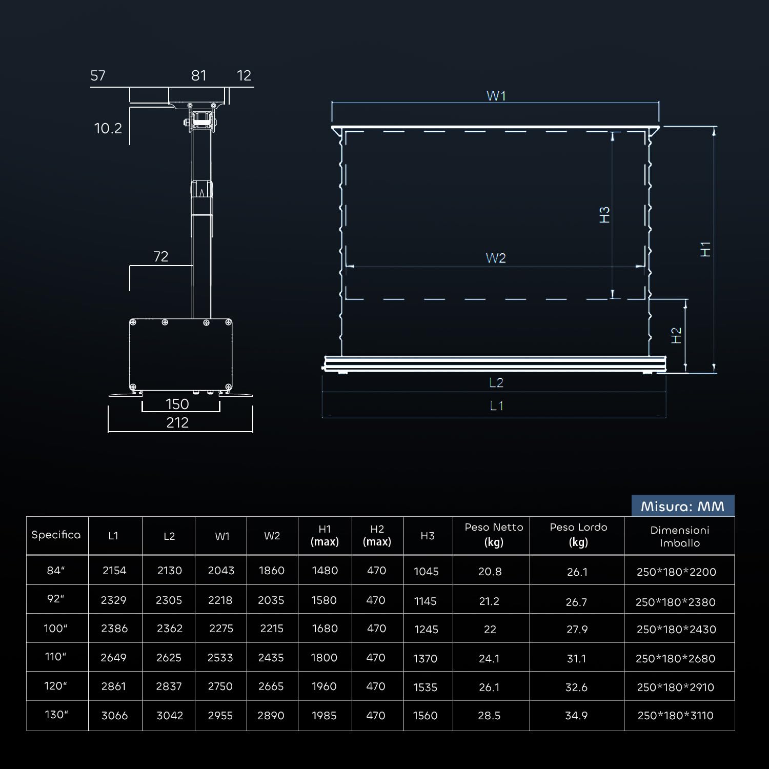 Schermo Projectore 110 Pollici Self-Standing ALR CLR UHD - Dettaglio
