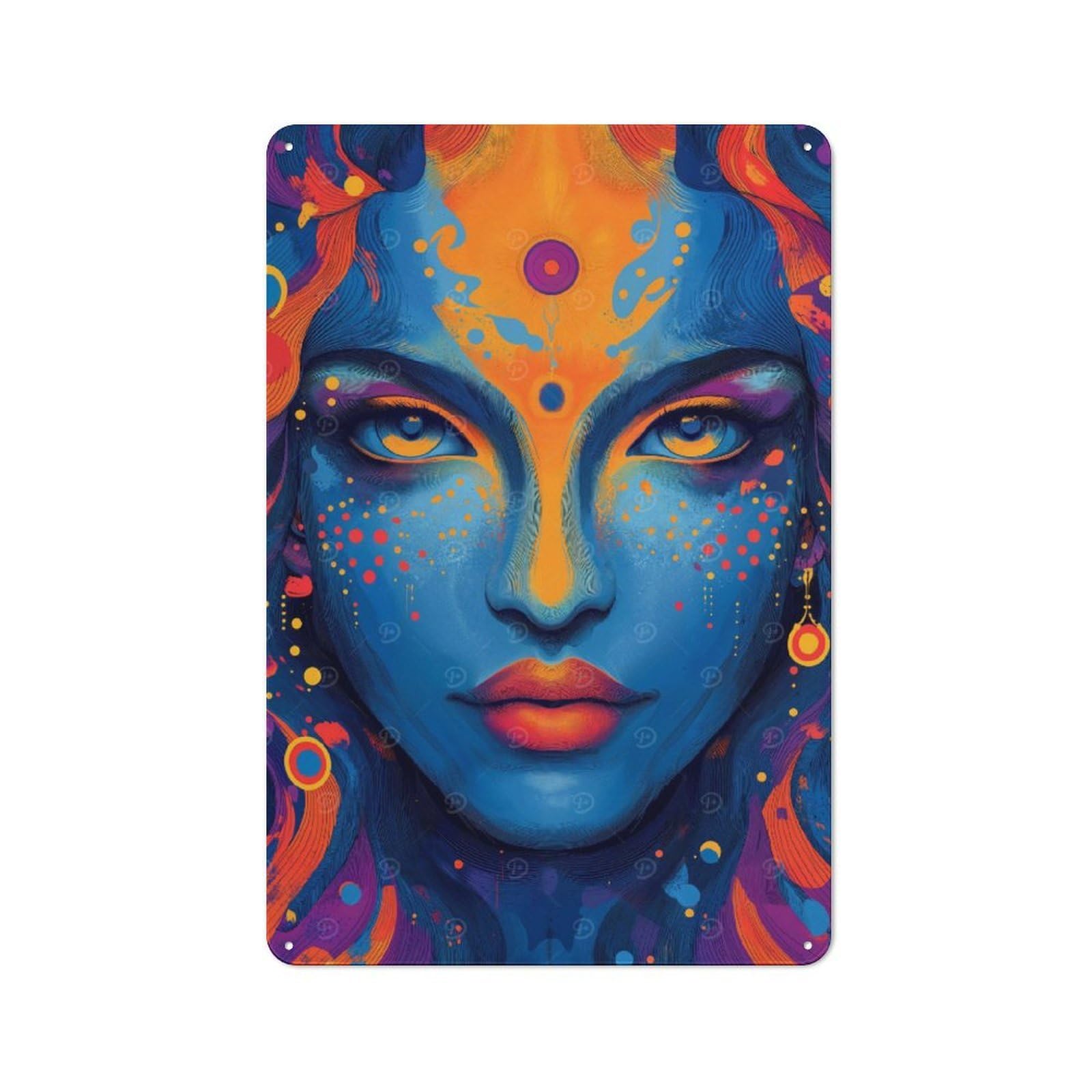 Metal Wall Sign with Abstract Hindu Goddess Portrait Design 30x20cm, Vintage Industrial Wall Art for Workshop, Basement, Shed Or Games Room