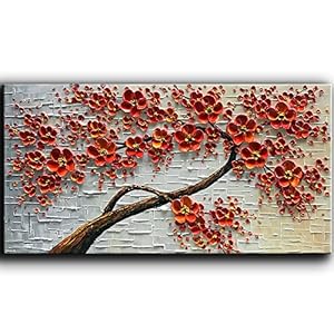YaSheng Art – 48x24inch Canvas Wall Art, Hand Painted Oil Painting ,Abstract 3D Texture Wall Art Pictures, Red Floral Paintings, Modern Home Bedroom Wall Art Decor, Wall Art for living room, Large Framed oil painting.