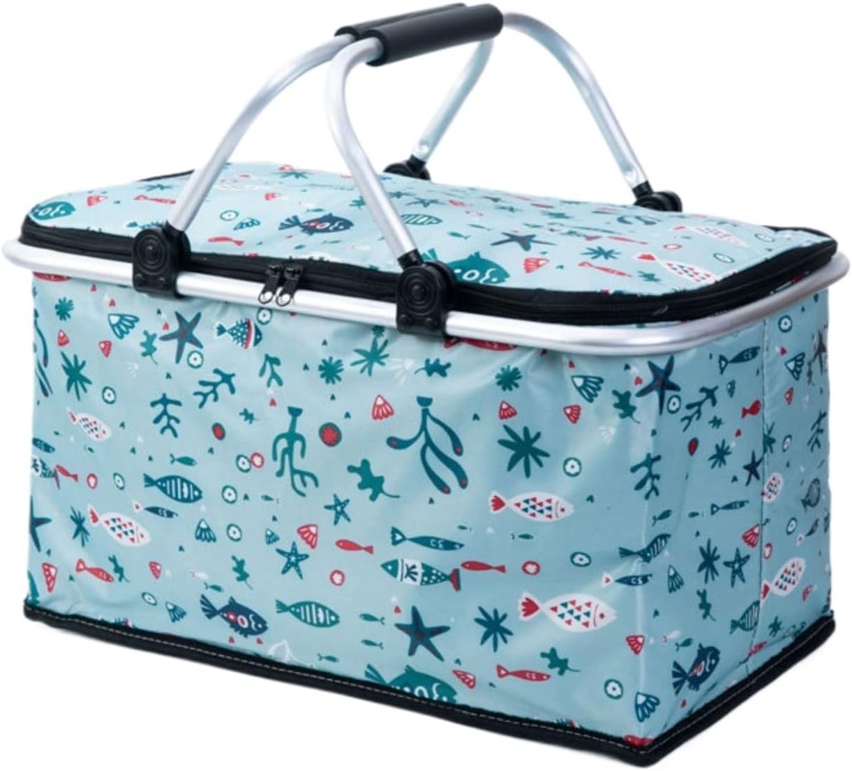 Collapsible Insulated Picnic Basket, Portable Foldable Cooler Bag with Aluminum Frame, Large Capacity Oxford Tote for Camping Grocery Beach Travel (Sky Blue,Ocean)