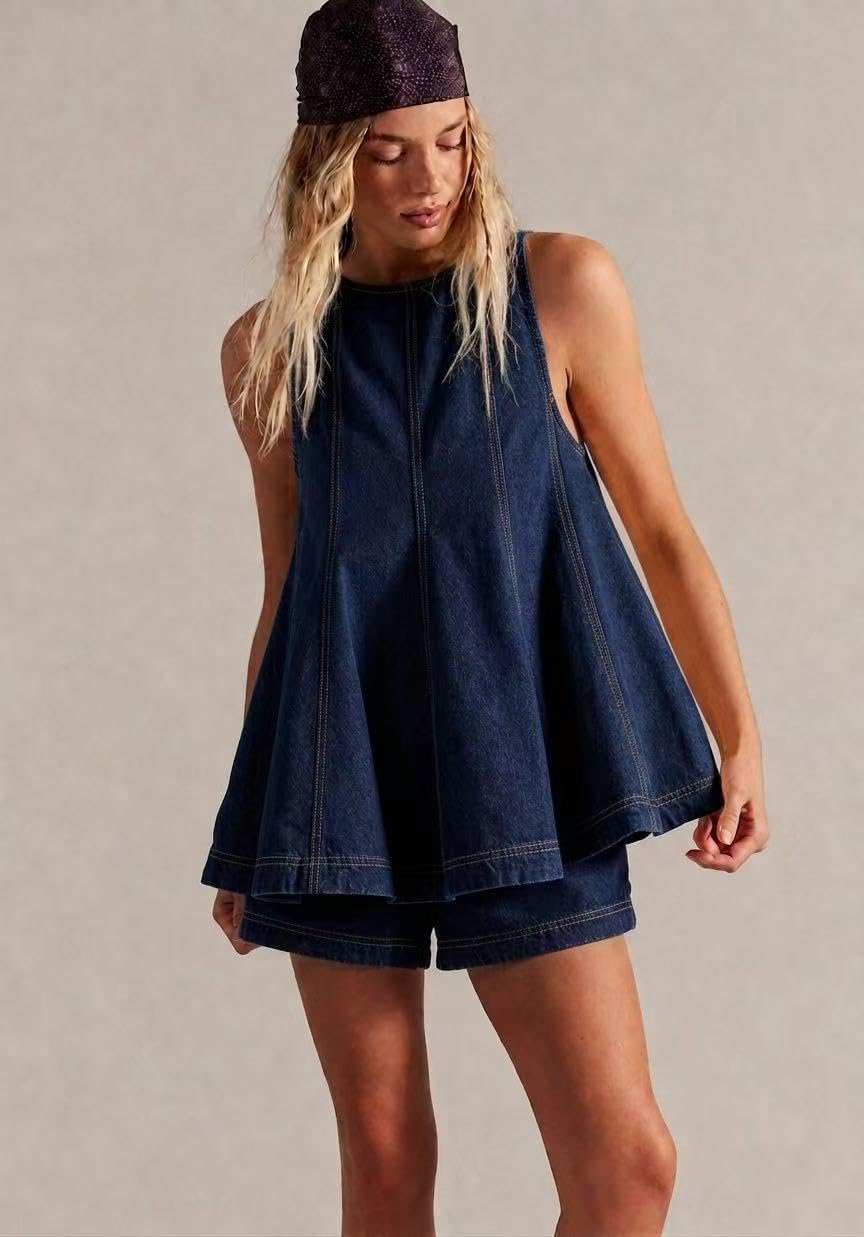 MAKABO Womens 2 Piece Denim Outfits Sleeveless Matching Sets Black A Line Tank Tops Elastic Waist Jean Shorts with Pockets, XL