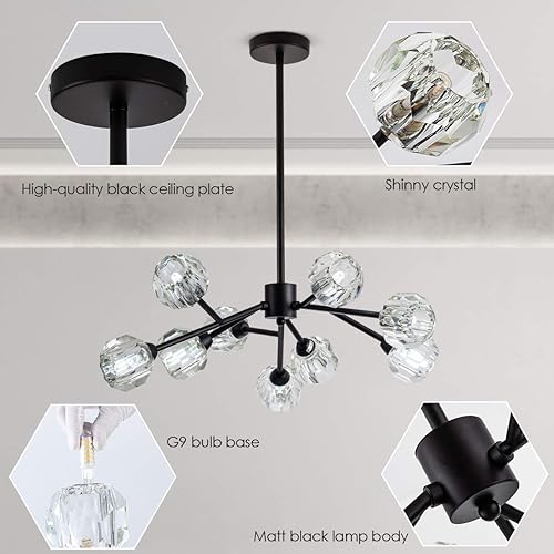 Miniatura 6 de Sputnik - Candelabros para comedor sobre mesa, modernos candelabros de cristal, 9 luces negras para sala de estar, dormitorio, cocina, isla y bar
