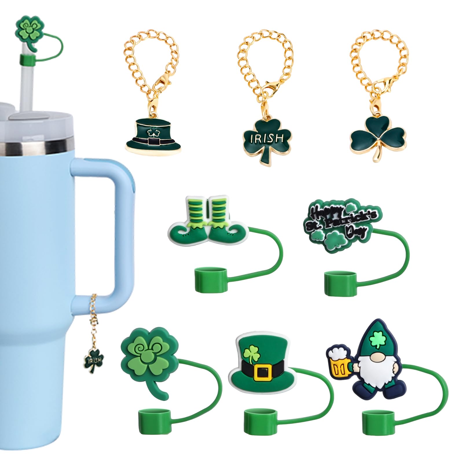 Snylcce 5PCS St Patricks Day Straw Cover for Stanley Cup 30&40 Oz 10mm Silicone Straw Topper Protector Lid with 3PCS St Patricks Day Charm Stanley Tumblers Accessories (5pcs straw cover +3 pcs charms)