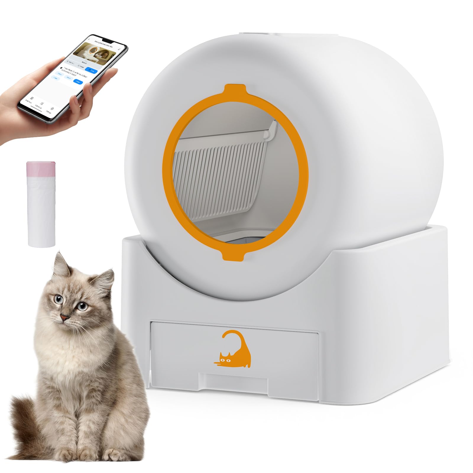 Automatic Self Cleaning Cat Litter Box, 75 L Large Capacity Smart Litter Box with Safety Sensors 1 Roll Trash Bags Included Whisper Quiet Cat Litter Box with App Remote Control for Multi Cats, White
