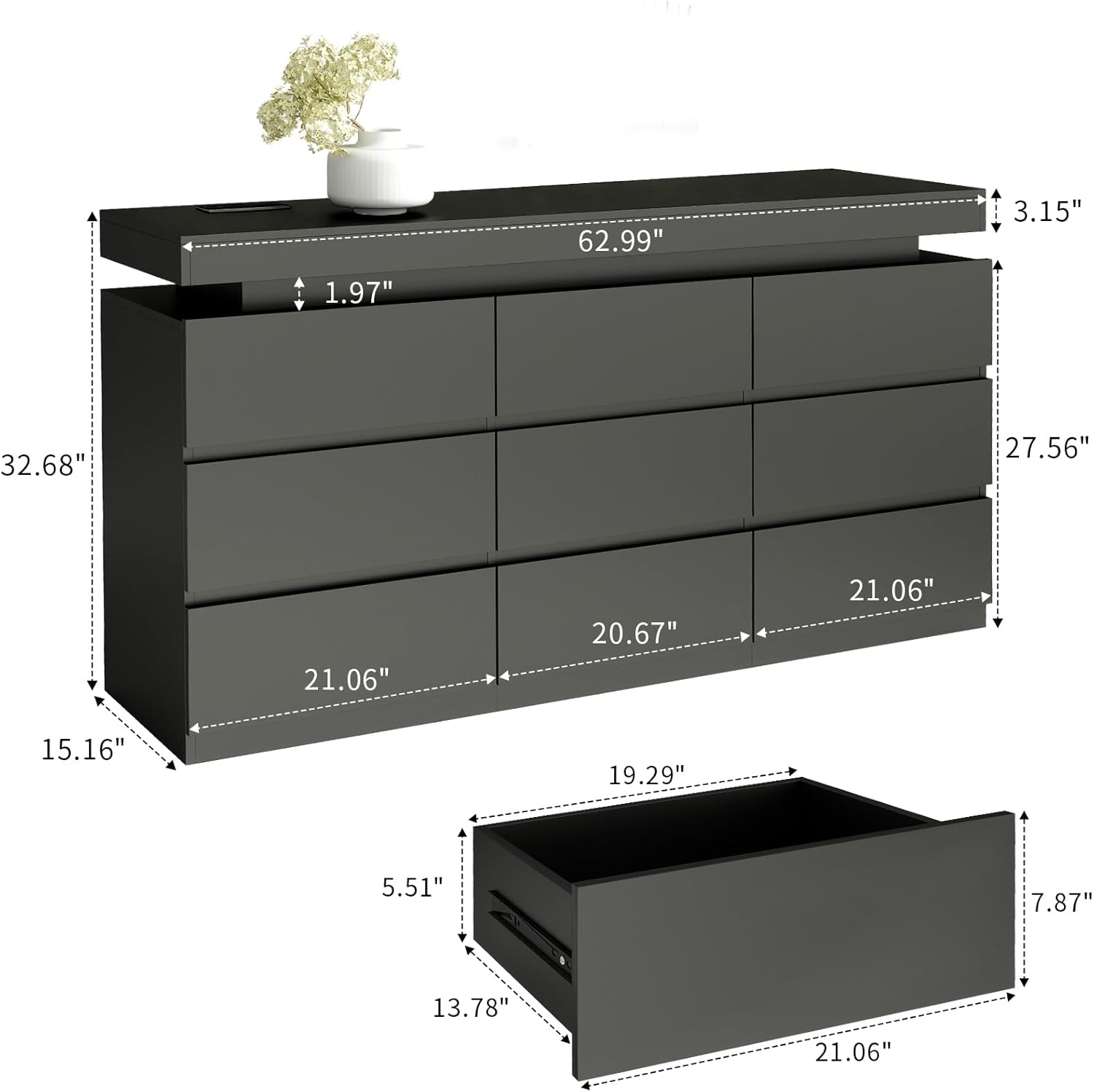 Vipbear 9-Drawer Modern Dresser with RGB LED Lights & Charging Station, Wide Black Chest of Drawers & Storage Cabinet for Bedroom, Supports TV up to 75", Living Room Accent Furniture
