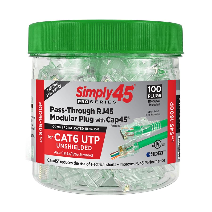 Simply45 ProSeries Cat6 Unshielded Pass-Through RJ45 Modular Plugs with Cap45-100 Piece Jar