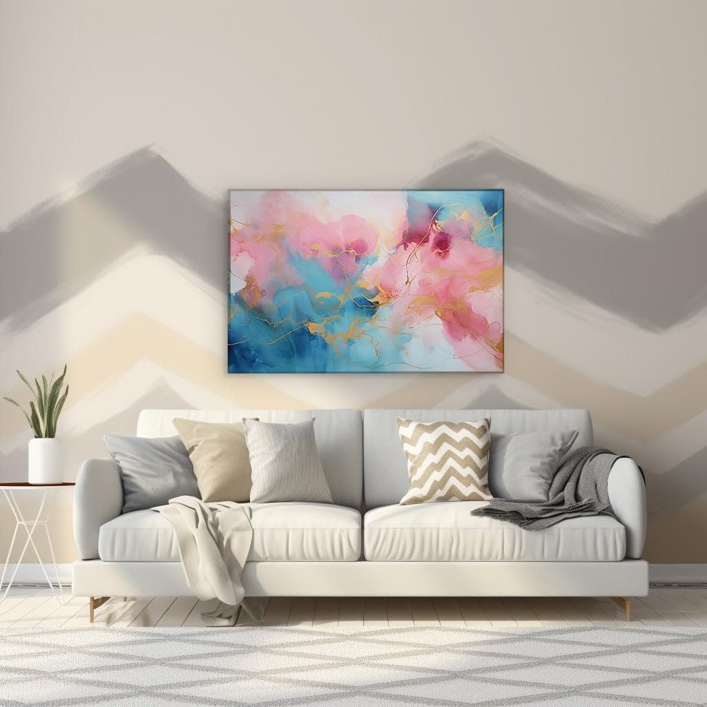 Canvas for Living room. Luxurious Contrasts in Art: When Blue and Pink Dance with Gold Highlights, 27 x 18 inch Canvas Wall Art - Ready to Hang