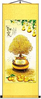 Zzooi Feng Shui Money Tree Wall Art - Coin Tree Treasure Bowl Picture Silk Scroll for Wealth and Good Luck