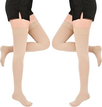 20-30 mmHg Compression Stockings for Women & Men, Graduated Compression Thigh High Compression Socks for Varicose Veins, Medical Support Hose for Pregnant, Teacher, Doctor 2 Pair, Beige, L