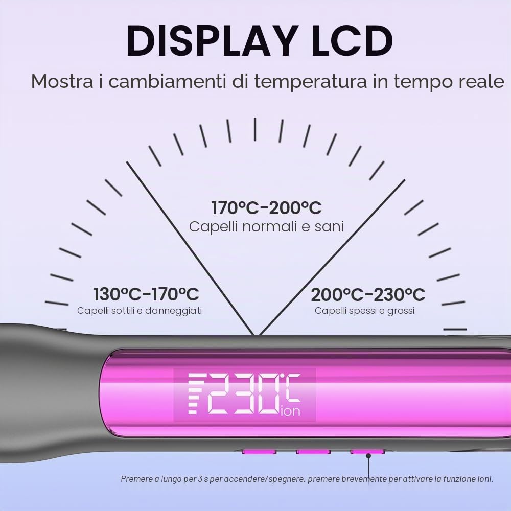 Faszin Piastra Capelli Professionale 2-In-1, Piastre Ioniche di Titanio, Riscaldamento In Soli 20 Secondi, Display LCD Chiaro, Ideale Per Capelli Lisci, Ricci e Mossi