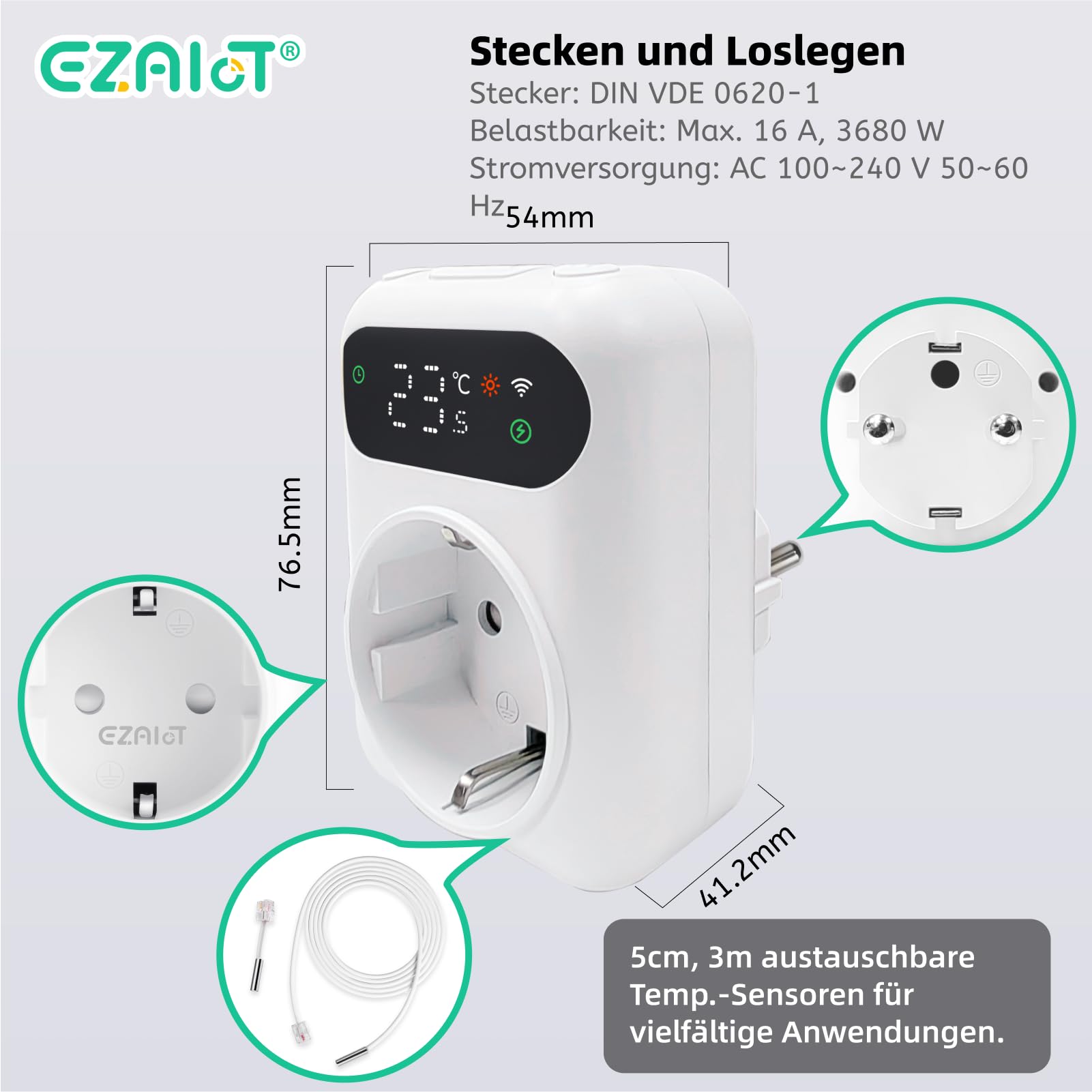 Steckdosen-Thermostat WLAN mit Zeitschaltuhr, 230V | Digitaler Temperaturregler für Heizung & Kühlung. Inkl. 3m Fühler für Gewächshäuser & Aquarien. LED-Bildschirm.