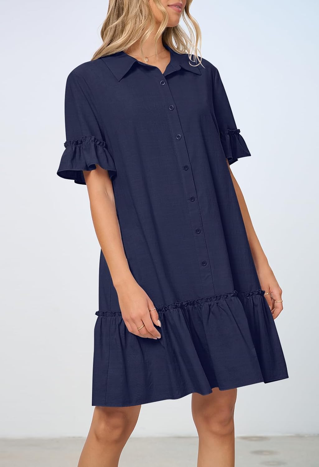 MEROKEETY Women's 2026 Summer Casual Shirt Dress Button Down Ruffle Sleeve Shift Mini Dresses with Pockets - Image 7