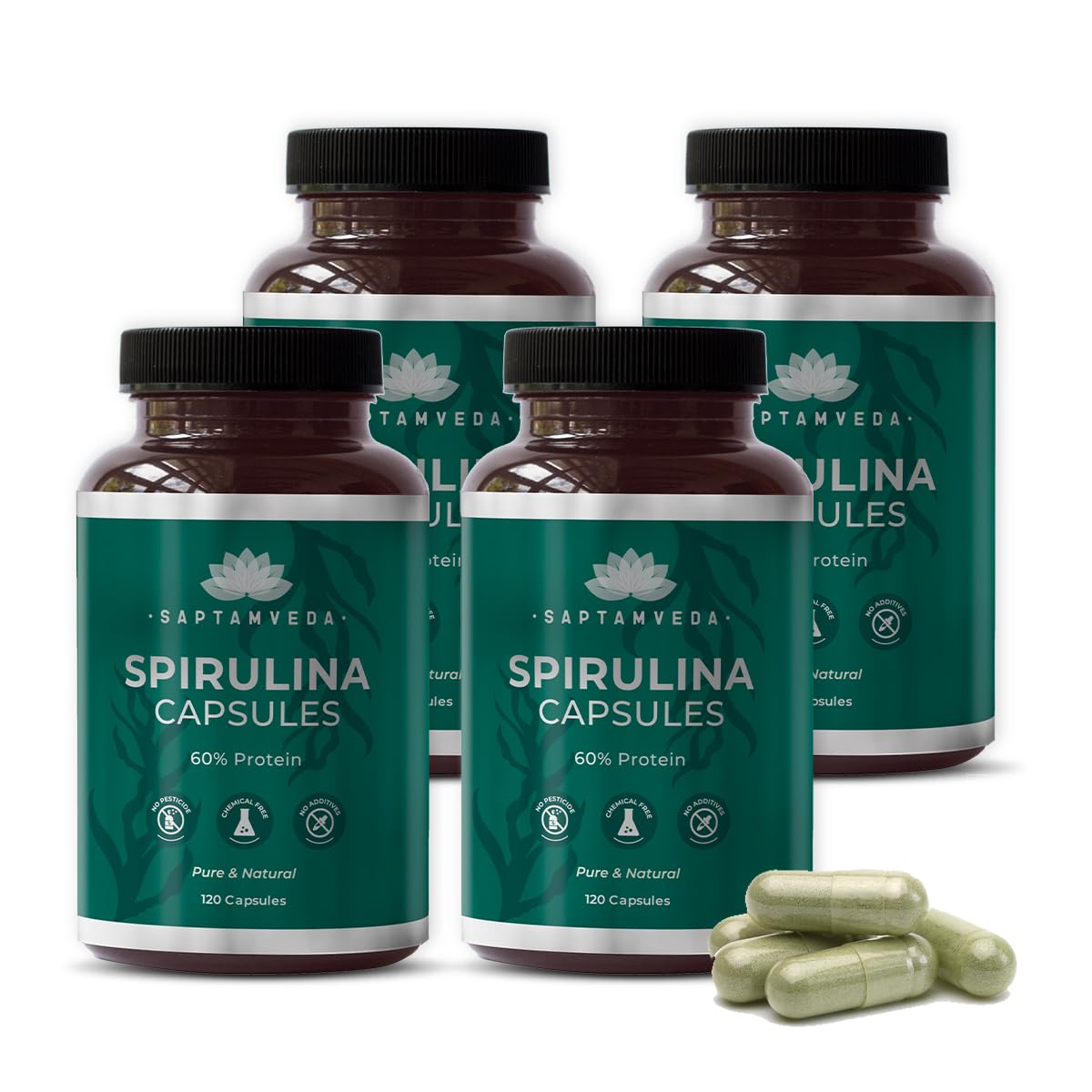 Saptamveda Natural Spirulina Capsules 2000mg(120 Capsules) (Pack of 4)-Plant-Based Superfood Supplement for Men and Women | Rich in Protein, Vitamins & Antioxidants Supports Immune System and Wellness (B0CRH9D5ZS) Amazon Price History, Amazon Price Tracker