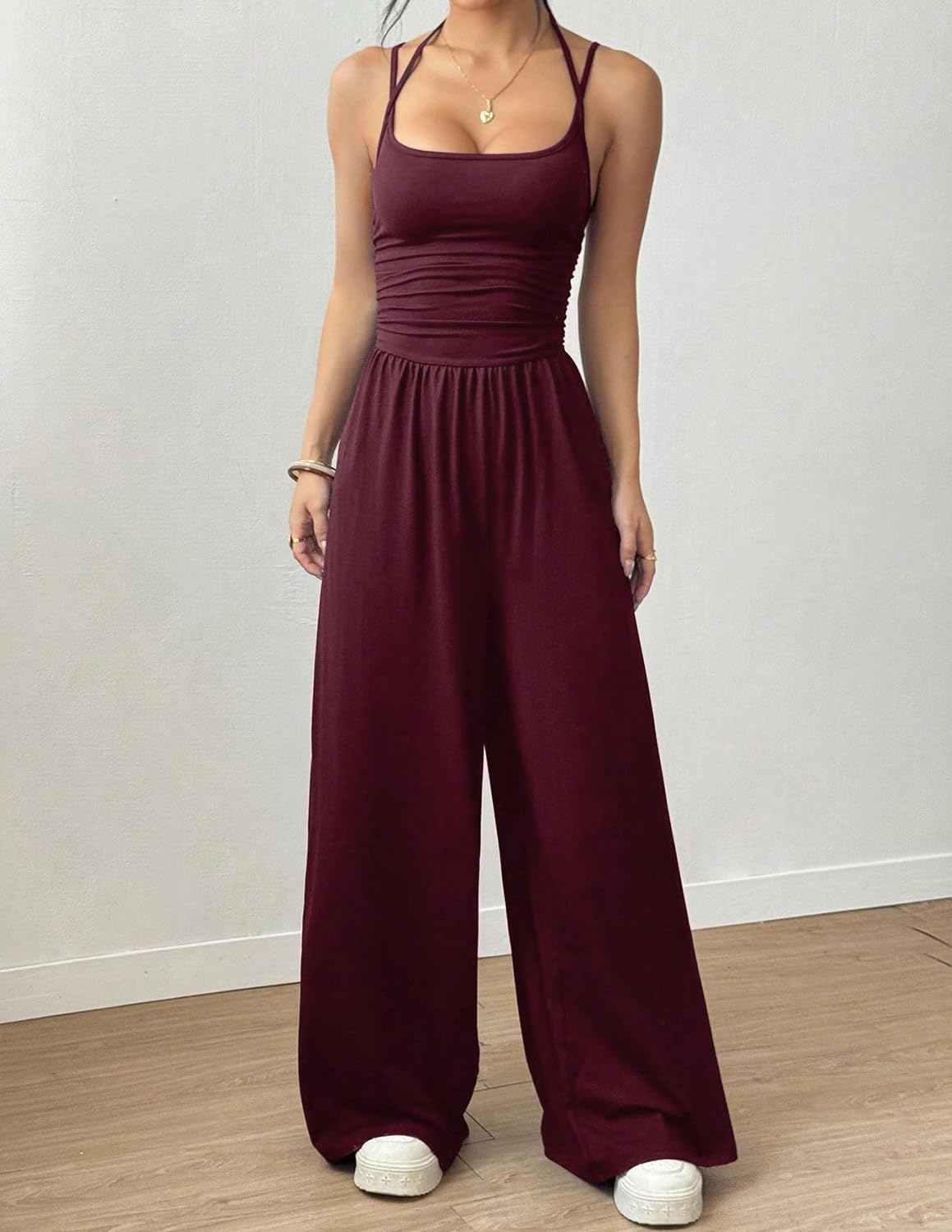 LIAMERHE Mono Largo Mujer Verano Elegante Sexy Cuello Halter Espalda Descubierta Pantalón de Pata Ancha Cintura Alta Casual Jumpsuit para Fiesta Boda Playa Overalls Moda Playsuit