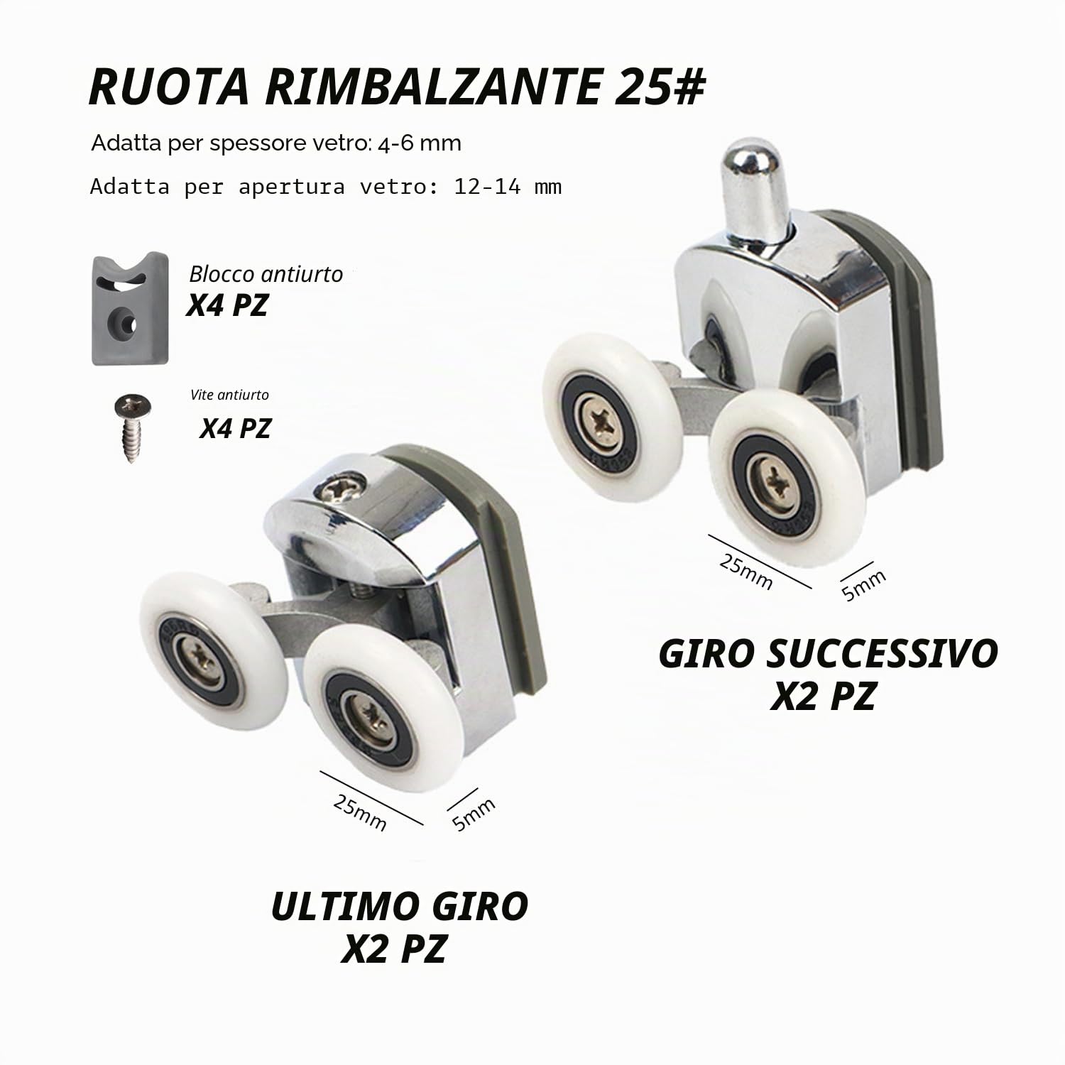 4 ruote per porta doccia, ruote per porte in vetro, ruote regolabili in altezza, doppie ruote superiori superiori doppie in vetro, adatte per tutti i tipi di bagni (25 mm)