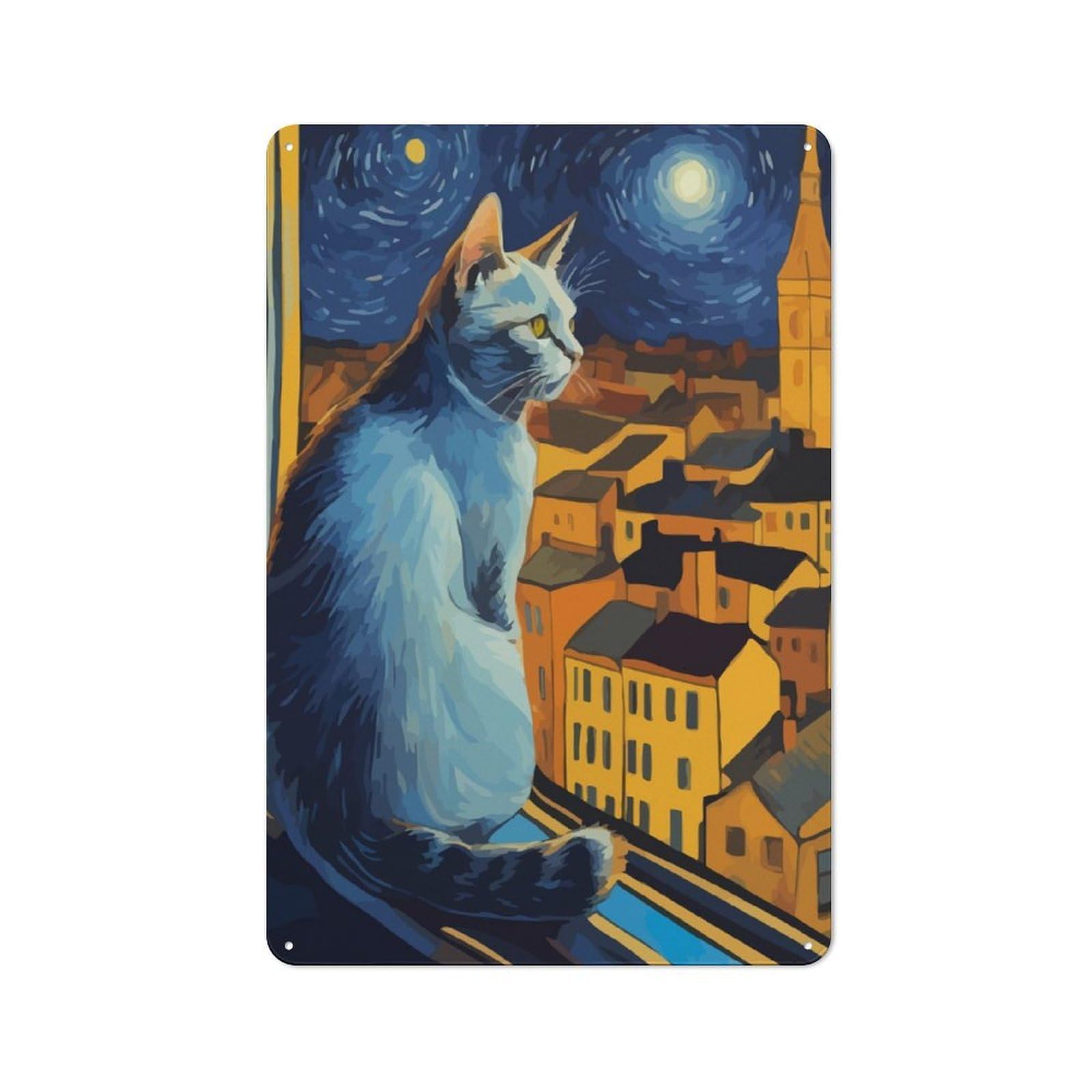 Junmoney Starry Night Cat Industrial-Style Tin Sign 30X20cm For Pub Or Café, Suited To Pub Decor Enthusiasts