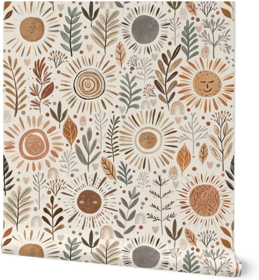 Removable Wallpaper 6ft x 2ft - Boho Winter Sun Neutral Floral Earth Tones Botanical Bohemian Witchy Whimsical Cute Custom Pre-Pasted Wallpaper by Spoonflower